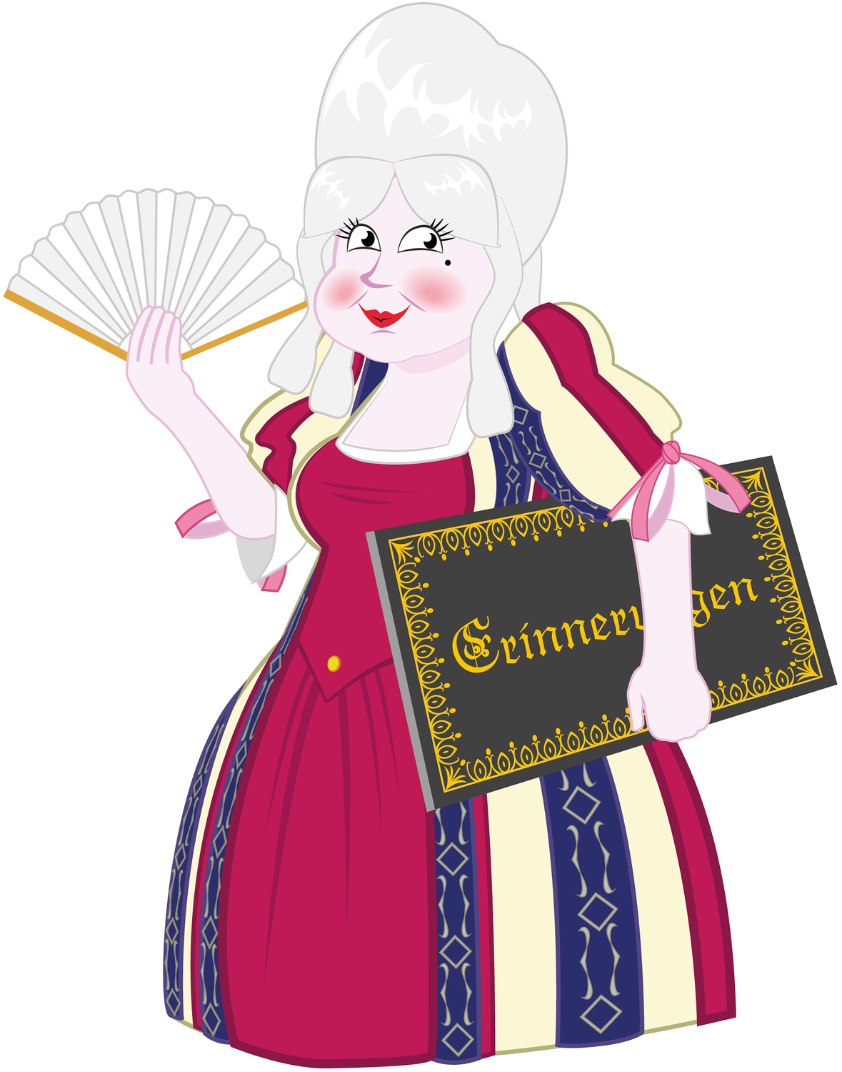 Seitenansicht auf die Comicfigur der Fürstin Eva Maria Charlotte von Baumgarten mit Fächer und Geschichtenbuch.